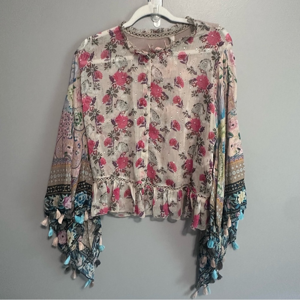 Aratta Silent Journey Women’s Boho Floral Tassel Blouse Small Embroidered